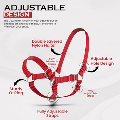 HADZAM Adjustable Nylon Cow Halter | Calf Halter one Halter for (1 Year to Full Size) Easy Adjustable Straps elimates the Need of Ill-Fitting Cattle Halter - color: RED