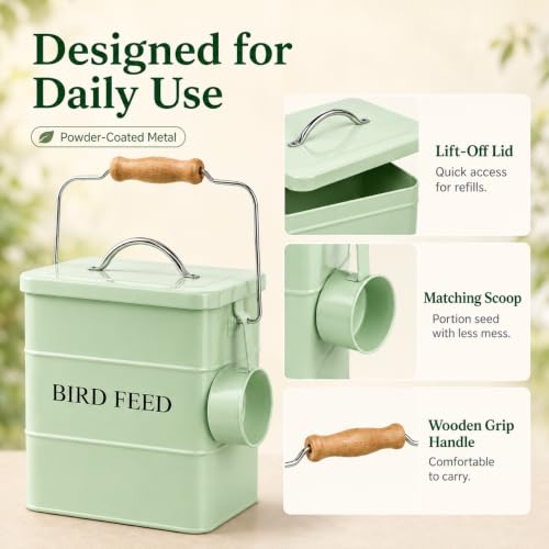 Morezi Airtight Bird Seed Storage Container 5~6LB Metal Bird Food Container | Wild Bird Seed Tin with Scoop and Handle, for Storing Sunflower Seed, Porch, Yard - Sturdy and Squirrel Proof -Green
