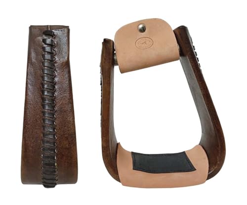 CHALLENGER Western 5" Wide Brown Rawhide Wrap Angled Slanted Saddle Roper Stirrups 51250BR