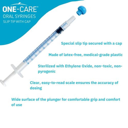 ONE-CARE 1ml Oral Syringe with Cap - Sterile, Individually Wrapped - 100 Dispensers, Slip Tip, Uses include oral administration of medicine for infants, adults and animals (Pack of 2) - size: 1ml (Pack of 2)
