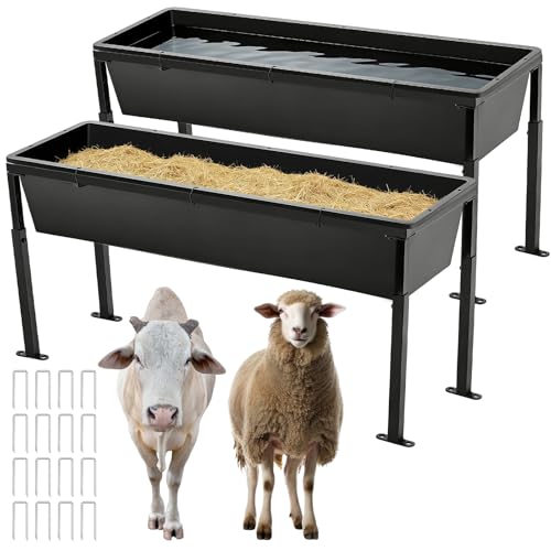 Geelin 2 Pack 38.6 Inch Livestock Feeding Trough, 11 Gal Water 66 Lbs Feed | Water and Feed Use, Adjustable Stand, Non Slip Spill Proof, Metal Plastic Construction, Horses Goats Sheep Cattle, Farm Use