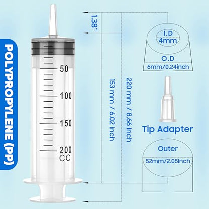 200ml/cc Syringes with Tube 40 Inch Handy Plastic Tubing and Adapter Tip - size: 200ML/CC