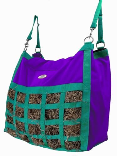 Supreme Slow Feed Top Load Hay Bag with Super Tough Bottom with 2" x3.5” Rectangular Openings and 6 Month Warranty (Purple Lime Green Trim) - color: Purple Lime Green Trim