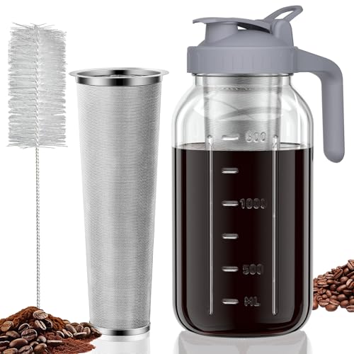 JunVpic Cold Brew Coffee Maker, 64 oz Glass Mason Pitcher | 100μm stainless steel filter, wide mouth design, leak-proof lid with handle, pour spout for iced coffee, tea and cold drinks - color: Gray, size: 64 Ounces