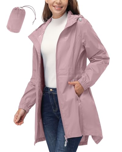 33,000ft Women's Waterproof Long Rain Coats Packable Rain Jacket with Hood - color: Dry Rose, size: X-Small