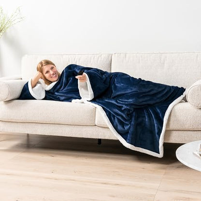 PAVILIA Sherpa Wearable Blanket with Sleeves and Pocket, Plush Thick Cozy Body Blanket Wrap for Adult Women Men, Christmas Gift for Wife Mom, Navy Blue - color: Navy
