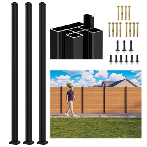 3 Pack 6FT 3-Way Aluminum Fence Post, 1.8mm Thick Walls & 10mm Base - color: 3 Pack Black Fence Post, size: 6 Feet