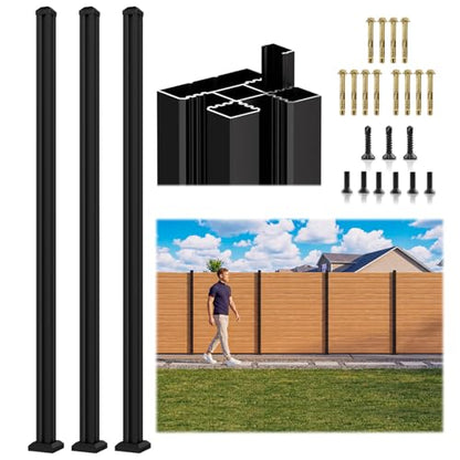 3 Pack 6FT 3-Way Aluminum Fence Post, 1.8mm Thick Walls & 10mm Base - color: 3 Pack Black Fence Post, size: 6 Feet