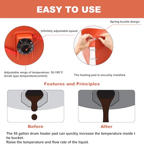55-Gallon Drum Pail Heater Pad - YSJWAER Electric Silicone Barrel Heat Pad Band Warmer Kit 150℃ 10inch