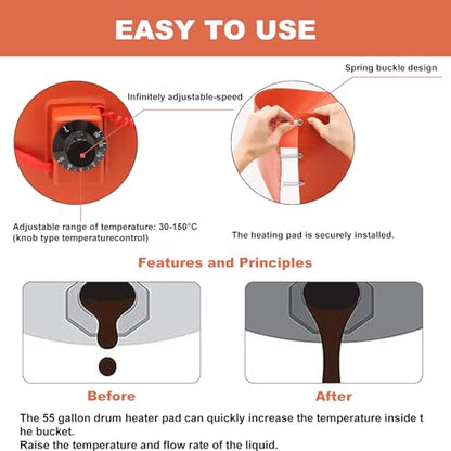 55-Gallon Drum Pail Heater Pad - YSJWAER Electric Silicone Barrel Heat Pad Band Warmer Kit 150℃ 10inch