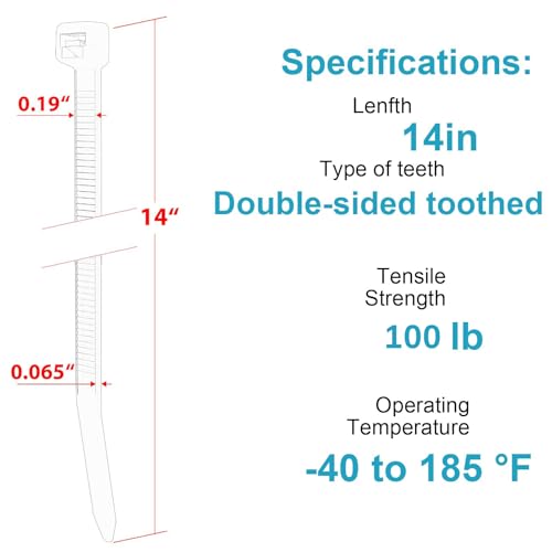 14 Inch Zip Ties Double Sided Toothed,100 LBS Tensile Strength Heavy Duty Cable Wire Ties With Self-Locking Adjustable More Durable Nylon Tie Wraps for Indoor Outdoor（200 Pack） - size: 14 inch 200 Pack （100 Lbs ）