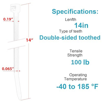 14 Inch Zip Ties Double Sided Toothed,100 LBS Tensile Strength Heavy Duty Cable Wire Ties With Self-Locking Adjustable More Durable Nylon Tie Wraps for Indoor Outdoor（200 Pack） - size: 14 inch 200 Pack （100 Lbs ）