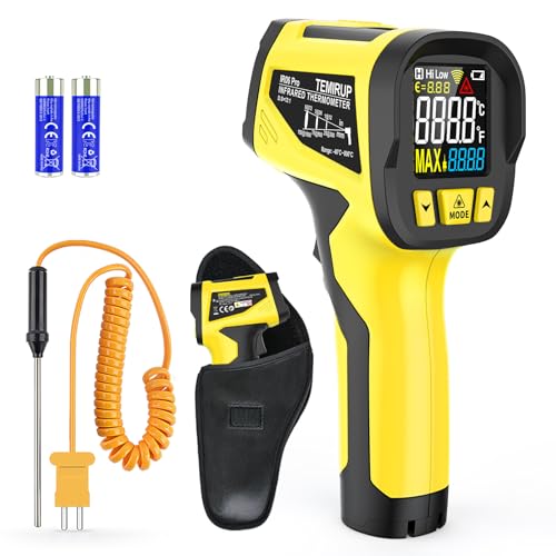 Infrared Thermometer Gun, TEMIRUP Digital Laser Thermometrer Temperature Gun with Probe, -40°F to 1472°F, IR Temp Gun with Color LCD for Cooking, Pizza Oven, Griddle Grill, Adjustable Emissivity - color: Yellow, size: IR06 PRO -40℉~1472℉(-40℃~800℃)