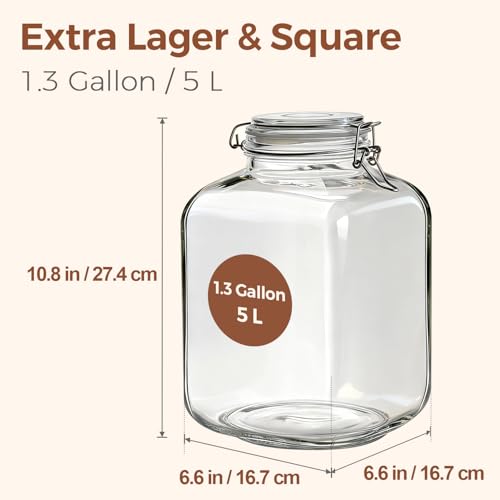 ComSaf Square Glass Jars with Airtight Lid 1.3 Gallon 2 Pack Large Canister - size: 1.3 Gal*2