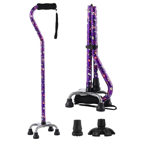 Floral Quad Cane for Women, Adjustable Walking Canes with 3-in-1 Interchangeable Base(3 Tips) for Versatile Support, Stylish & Stable Mobility Aid for Seniors Confidence - color: Purple Flower