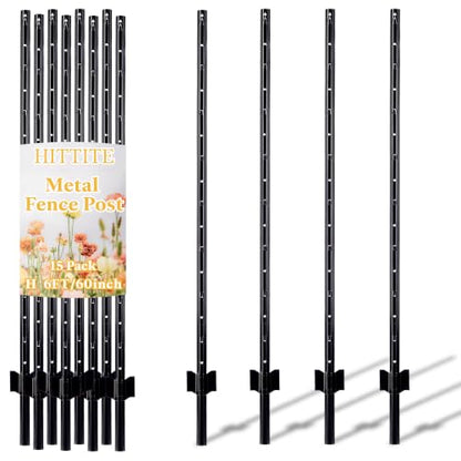 HITTITE 6 Feet Metal Fence Post, 15 Pack U-Post Support Stakes with Anchor Plate, Heavy Duty Steel Garden Fence Stakes, No Dig Fence Posts for Wire Fencing, Yard, Lawn and Farm, Black - size: 6 FT-15 PACK-SPLICING