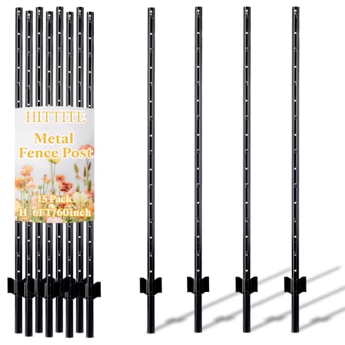 HITTITE 6 Feet Metal Fence Post, 15 Pack U-Post Support Stakes with Anchor Plate, Heavy Duty Steel Garden Fence Stakes, No Dig Fence Posts for Wire Fencing, Yard, Lawn and Farm, Black - size: 6 FT-15 PACK-SPLICING