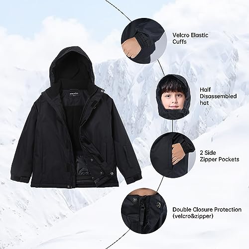 YINGJIELIDE Boy's Waterproof Ski Jacket,Kids Outdoor Snowboarding windproof Jacket,Fleece Lined Hooded,Warm Winter Snow Coat - color: Black, size: 5-6 Years
