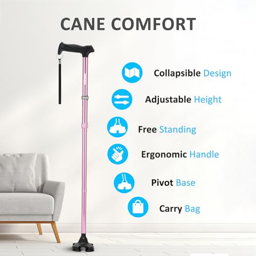 REHAND Walking Cane for Men & Women - Foldable, Adjustable, Lightweight, Self Standing Pivot Walking Cane, Soft Handle Grip, with Travel Bag, Walking Sticks for Seniors & Adults - color: Pink