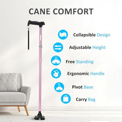 REHAND Walking Cane for Men & Women - Foldable, Adjustable, Lightweight, Self Standing Pivot Walking Cane, Soft Handle Grip, with Travel Bag, Walking Sticks for Seniors & Adults - color: Pink