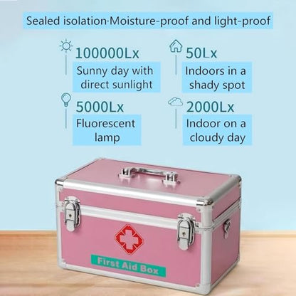 Metal First Aid Box Empty Aluminum Medicine Box Lock with Keys, 12.2 * 7.08 * 7.08” Medium Size Container with Handle, First Aid Kit Box Organizer, Silver