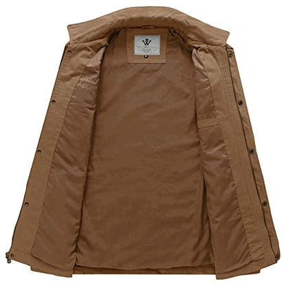 WenVen Men's Casual Canvas Cotton Military Lapel Jacket - color: Khaki, size: Small