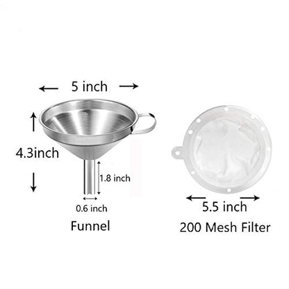 5-Inch Stainless Steel Funnel with Fine Mesh Strainer, 200 Mesh Cooking Oil Filter