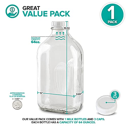 Stock Your Home Half Gallon Glass Bottle with Lid (1 Pack) 64 Oz Jugs and 3 White Caps, Reusable Food Grade Container for Refrigerator, Bottles for Juice, Oat or Plant Milks, Water, Honey - size: 64oz, style: 1 Pack