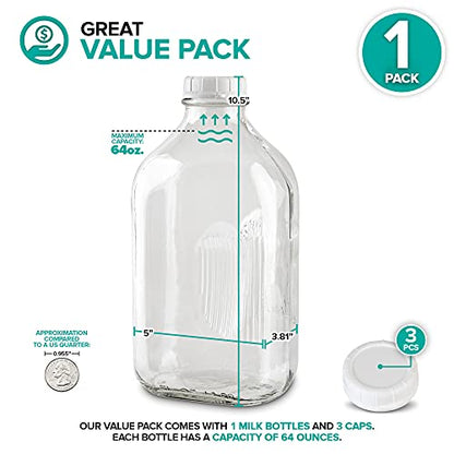 Stock Your Home Half Gallon Glass Bottle with Lid (1 Pack) 64 Oz Jugs and 3 White Caps, Reusable Food Grade Container for Refrigerator, Bottles for Juice, Oat or Plant Milks, Water, Honey - size: 64oz, style: 1 Pack