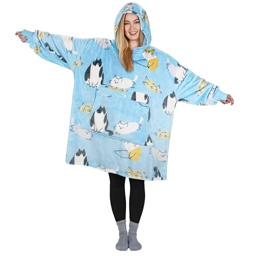 Catalonia Oversized Blanket Hoodie, Cat Print Fleece Wearable Blanket - color: Cat Blue