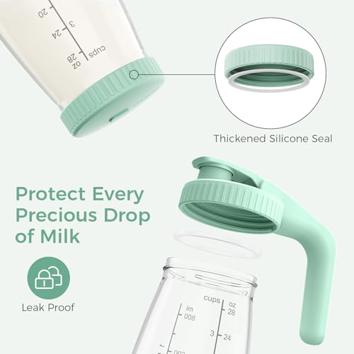 Momcozy Glass Breast Milk Pitcher with Flat and Handle Lid, 2pc, 32oz Each - color: Green, size: 32 Ounce-2 Count