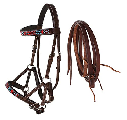 Horse Brown Leather Beaded Bitless Padded Sidepull Bridle w/ Reins 77RS17 - color: Brown/Beaded
