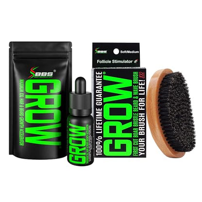 Beard Growth Kit w/GROW XXL Beard Oil/Serum for Facial Hair Growth for Men + 100% Lifetime Replacement First Cut Boar Bristle Brush & 360 Wave Brush for Men - Formulated in America - size: XL Brush + GROW Oil