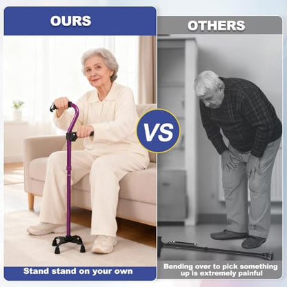 Stand Secure Cane with Stand Up Assist Handle for Elderly, 4 Prong Adjustable Walking Canes for Seniors Women and Men, Non-Slip Wide Base, Aluminum Foldable Stand Cane - color: Purple