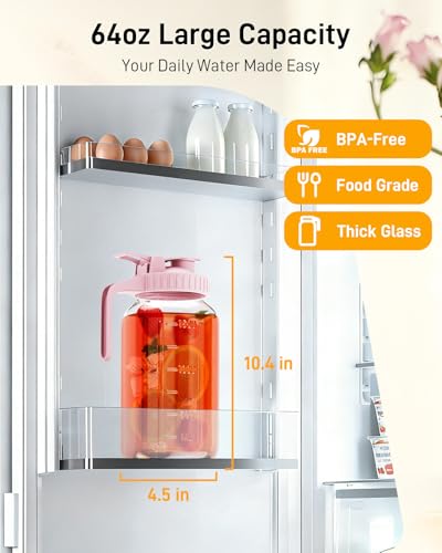 64 oz Mason Jar Pitcher, Glass Pitcher with Lid for Sun Tea & Iced Tea - color: Pink, size: 64 Ounces
