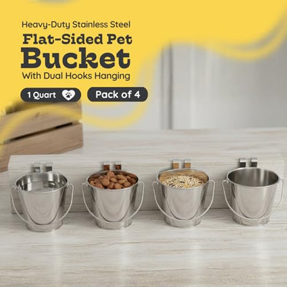 1 Quart Stainless Steel Flat Sided Bucket with Dual Hooks | 4 Pcs Durable Food & Water Bowl for Dog Cat Bird & Small Animals | Fits kennel Cage Crates Farm Hanging Pet Pail | Multipurpose - size: 1 Quart (Pack of 4)
