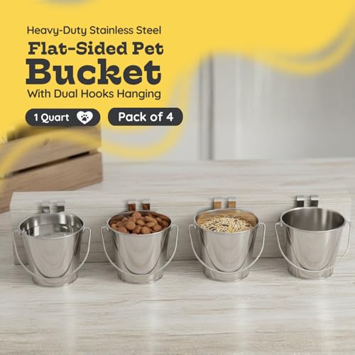 1 Quart Stainless Steel Flat Sided Bucket with Dual Hooks | 4 Pcs Durable Food & Water Bowl for Dog Cat Bird & Small Animals | Fits kennel Cage Crates Farm Hanging Pet Pail | Multipurpose - size: 1 Quart (Pack of 4)