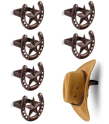 Cowboy Hat Rack for Wall, 6 Pack Iron Horseshoe Star Hooks, Bronze - color: Antique Bronze