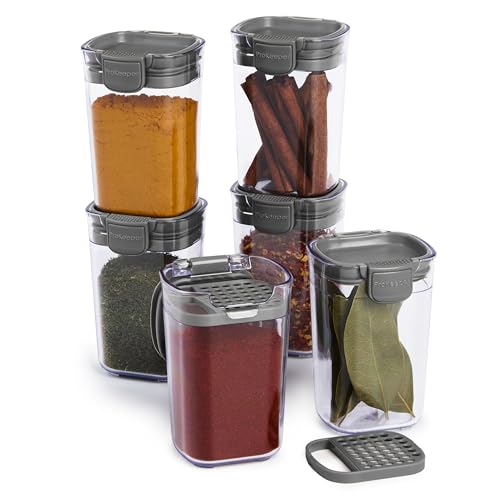 ProKeeper Progressive Seasoning & Spice Storage Container Set, 6 Airtight 5-Oz Keepers with Removable Shaker and Leveler Inserts, Stackable, BPA-Free, Dishwasher Safe, Grey - color: Grey