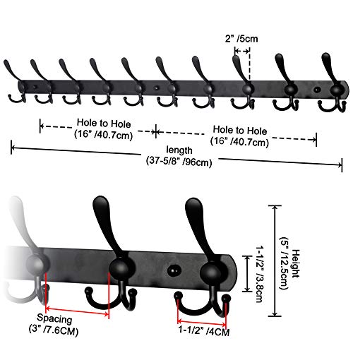 Dseap Coat Rack Wall Mount - 38” Long 10-Tri-Hooks Heavy Duty Coat Hanger Rail Wall Hooks for Hanging Coats Hats Clothing Clothes Purse Mudroom Entryway, Black, Pack of 2 - color: Black, size: L=38” (2 Pcs)
