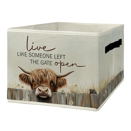 Highland Cow Storage Bins & Boxes with Handles, Western Highland Cow Foldable Basket for Organizing, Farmhouse Rustic Collapsible Storage Basket for Bedroom Room Bathroom Clothes Toys Books - color: Highland Cow