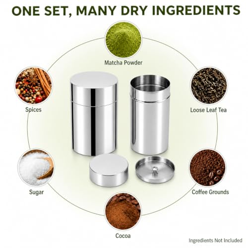 2 Pack Matcha Powder Storage Canisters, 304 Stainless Steel Tea Tins with Double Lids, Small Tea Canister for Loose Leaf Tea, Coffee Grounds, Cocoa, Sugar, Spices, Kitchen Pantry Storage