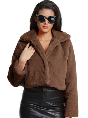 Women's Cropped Faux Fur Jacket with Hidden Pockets and Buttons Plush Shawl Collar Cardigan Sexy Coat - color: Brown, size: Large