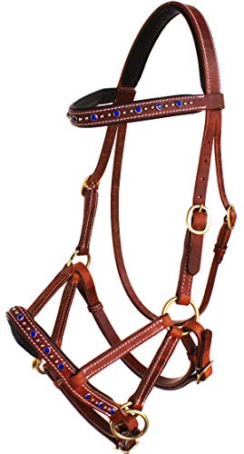 Horse Western Leather Beaded Bitless Sidepull Bridle Reins Rhinestone - color: Tan/Royal Blue
