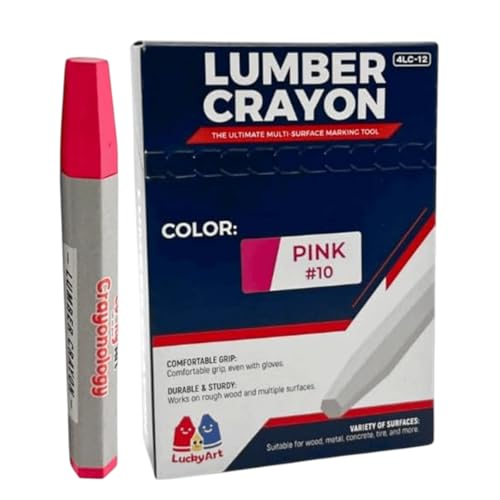 Lumber Crayons – Pink, Pack of 12 | Hexagonal Construction Marking Crayons for Wood, Concrete, Asphalt, Metal | Durable, Smudge-Free, Break-Resistant - color: Pink