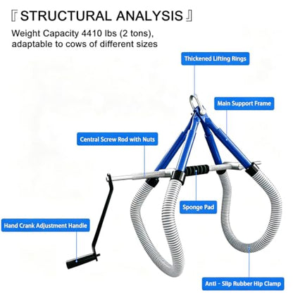Cow Hip Lift 4410LB,Heavy-Duty Galvanized Steel Stand Assist Device with Non-Slip Rubber Clamp,OB Calving & Birthing Aid for Postpartum Recovery,Dystocia & Lame Cow (0-35.4" Adjustable)