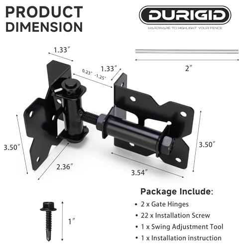 Self Closing Gate Hinges, Spring Loaded Gate Hinges, Shed Door Hinges for Vinyl/Wood Fence/Steal Gate, Self-Tapping Screws and Adjustment Tool, Black Finish, 2 Pack