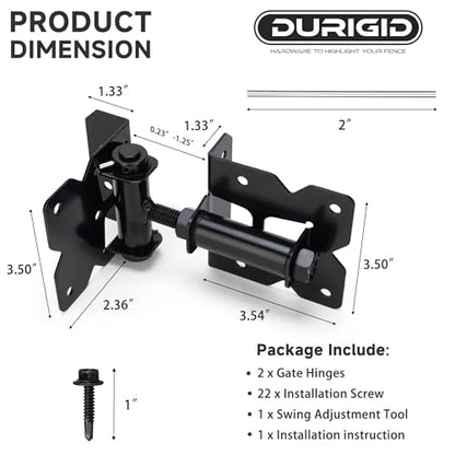 Self Closing Gate Hinges, Spring Loaded Gate Hinges, Shed Door Hinges for Vinyl/Wood Fence/Steal Gate, Self-Tapping Screws and Adjustment Tool, Black Finish, 2 Pack