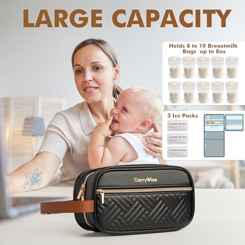 Black Breast Milk Cooler Bag – Large Capacity, Keeps Milk Cold 8+ Hours, Waterproof Insulated Travel Bag with 3 Ice Packs & Buckle Handle for Nursing Moms, Daycare, Travel - color: Black