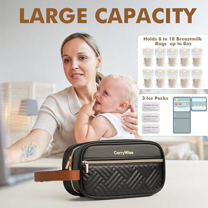 Black Breast Milk Cooler Bag – Large Capacity, Keeps Milk Cold 8+ Hours, Waterproof Insulated Travel Bag with 3 Ice Packs & Buckle Handle for Nursing Moms, Daycare, Travel - color: Black
